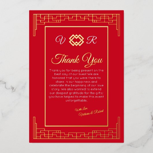 Aziatische Rode Gouden Fotofolie Fotobruiloft Dank Folie Uitnodiging (Voorkant)