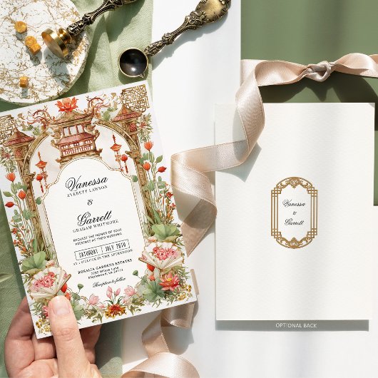 Aziatische rode lotus en fan bruiloft thee ceremon kaart