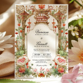 Aziatische rode lotus en fan bruiloft thee ceremon kaart