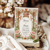 Aziatische rode lotus en fan bruiloft thee ceremon kaart