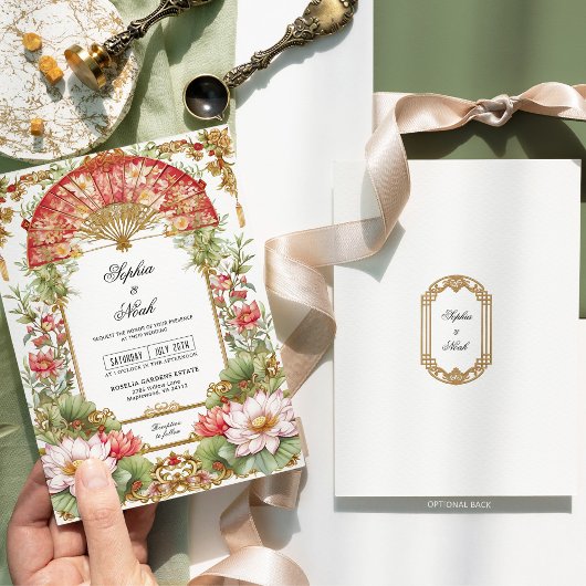 Aziatische rode parasol en lotus bloem bruiloft kaart