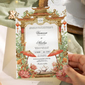 Aziatische rode parasol en lotus bloem bruiloft kaart