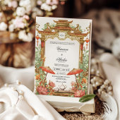 Aziatische rode parasol en lotus bloem bruiloft kaart