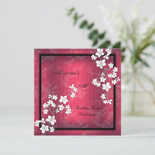 Aziatische Rode Zwarte Blossom White Birthday Part Kaart (Staand voorkant)