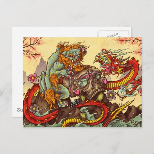 Aziatische scène met vogel en draak briefkaart (Voorkant / Achterkant)