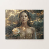 Aziatische schoonheid met witte roos legpuzzel (Horizontaal)