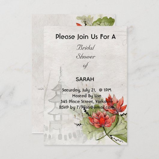 Aziatische Stijl Bloemen Bruidsdouche Uitnodiging (Voorkant / Achterkant)