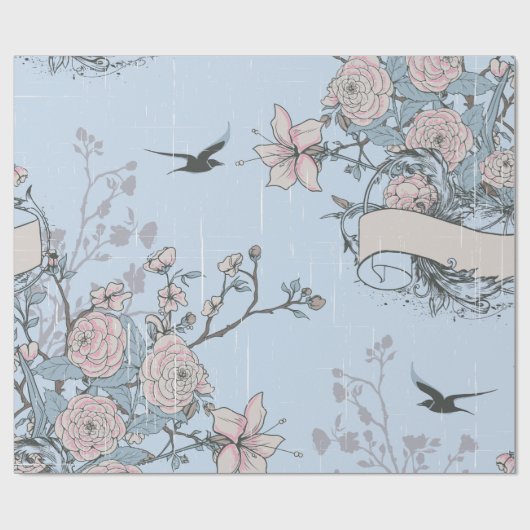 Aziatische stijl roze lelies en Rozen op blauw Cadeaupapier (Vlak)