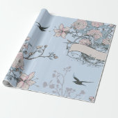 Aziatische stijl roze lelies en Rozen op blauw Cadeaupapier (Uitgerold)