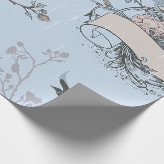 Aziatische stijl roze lelies en Rozen op blauw Cadeaupapier (Hoek)