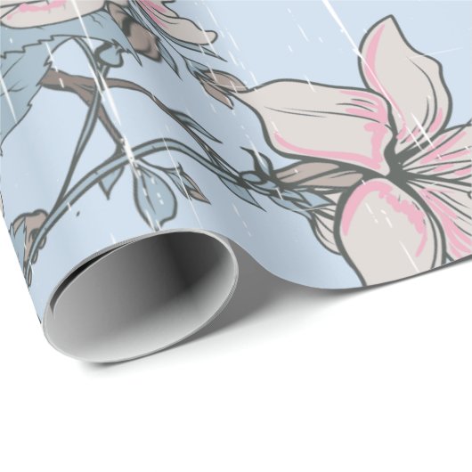 Aziatische stijl roze lelies en Rozen op blauw Cadeaupapier (Rol Hoek)