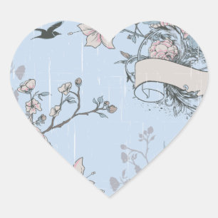Aziatische stijl roze lelies en Rozen op blauw Hart Sticker