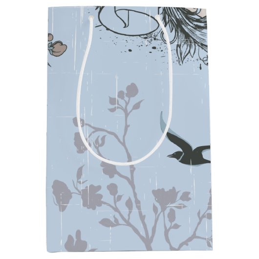 Aziatische stijl roze lelies en Rozen op blauw Medium Cadeauzakje (Voorkant)