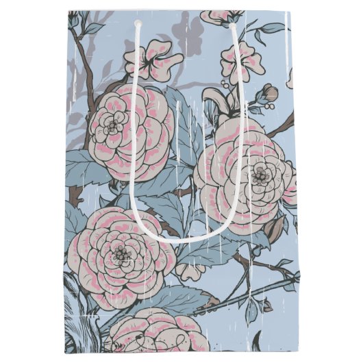 Aziatische stijl roze lelies en Rozen op blauw Medium Cadeauzakje (Achterkant)