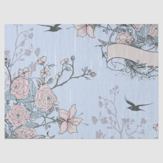 Aziatische stijl roze lelies en Rozen op blauw Tissuepapier (Voorkant)