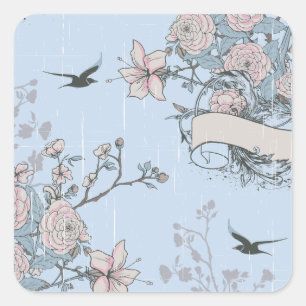 Aziatische stijl roze lelies en Rozen op blauw Vierkante Sticker
