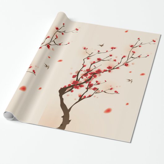 Aziatische stijlschilders, bloesem in het voorjaar cadeaupapier (Uitgerold)