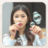 Aziatische Student Blowing Bubbles Onderzetter Set (Voorkant)