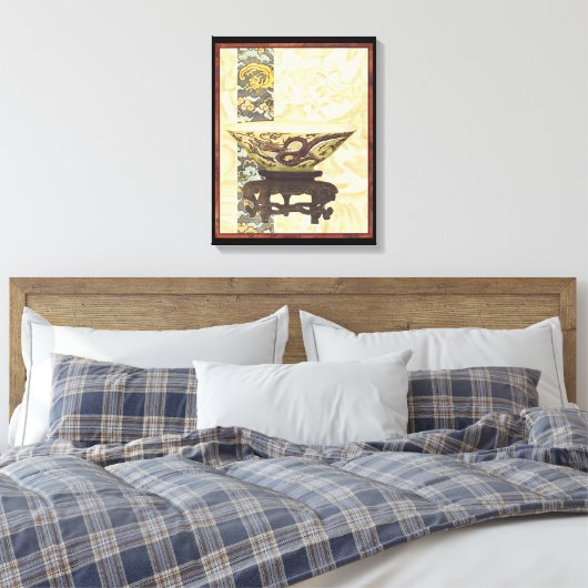Aziatische tapijt met Bowl- en Drakenontwerp Canvas Afdruk (Insitu (Slaapkamer))