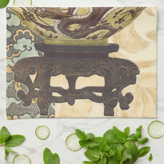 Aziatische tapijt met Bowl- en Drakenontwerp Theedoek (Gevouwen)