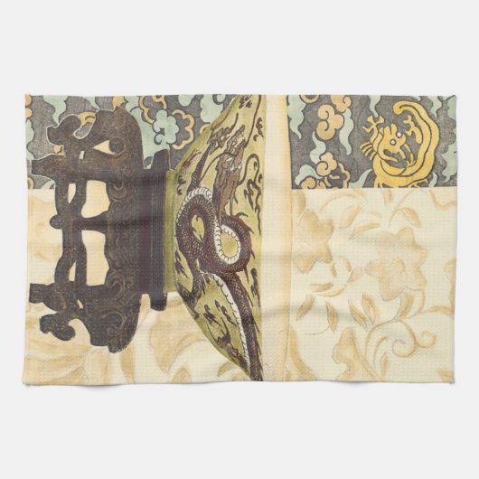 Aziatische tapijt met Bowl- en Drakenontwerp Theedoek (Horizontaal)