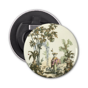 Aziatische tuin met vrouw en dieren button flesopener