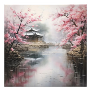 Aziatische tuin roze bomen foto afdruk