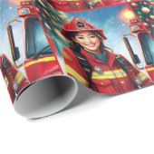 Aziatische Vrouw brandweerman vakantie kerst Cadeaupapier (Rol Hoek)