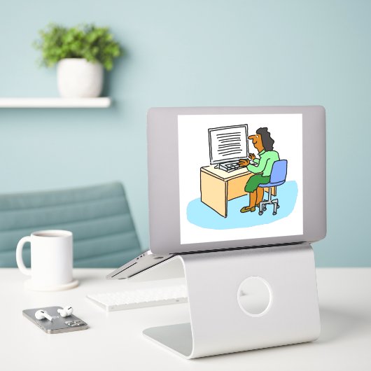 Aziatische vrouw die werkt bij een computer sticke sticker (Laptop op bureau)