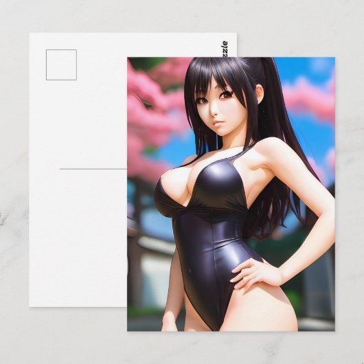 Aziatische vrouw in een lederen zwempak in de lent briefkaart (Voorkant / Achterkant)