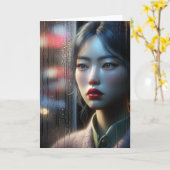 Aziatische vrouw kijkt naar regen Kaart (Gele Bloem)