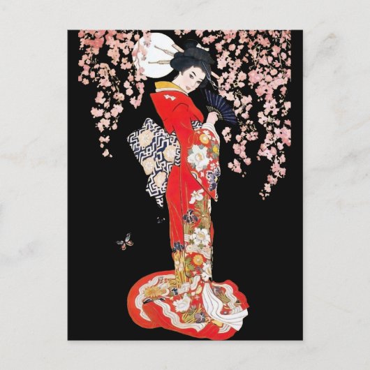 Aziatische vrouw met Cherry Blossom Night Briefkaart (Voorkant)