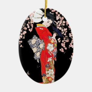 Aziatische vrouw met Cherry Blossom Night Keramisch Ornament