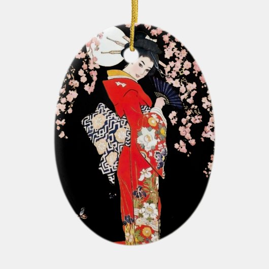 Aziatische vrouw met Cherry Blossom Night Keramisch Ornament (Voorkant)