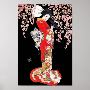 Aziatische vrouw met Cherry Blossom Night Poster