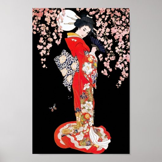 Aziatische vrouw met Cherry Blossom Night Poster (Voorkant)