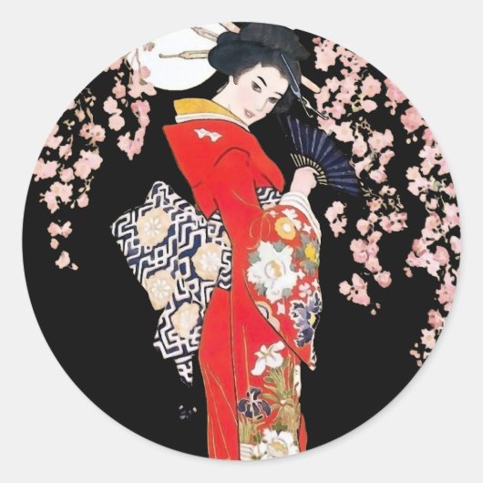 Aziatische vrouw met Cherry Blossom Night Ronde Sticker (Voorkant)