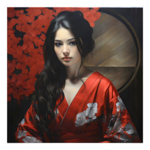 Aziatische vrouw met rode kimono foto afdruk