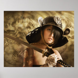 Aziatische vrouw verkleed als samurai poster