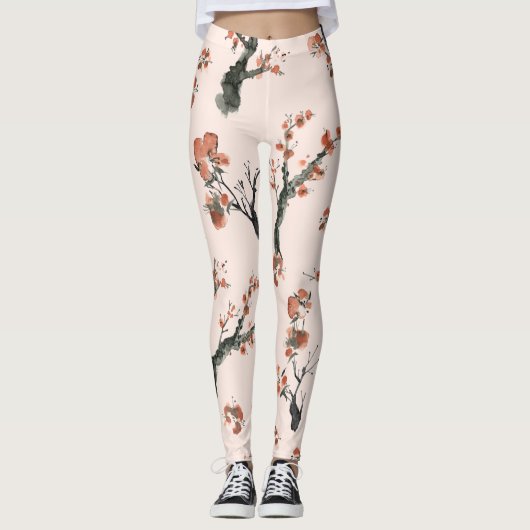 Aziatische Waterverf Floral Cherry Tree Patroon Leggings (Voorkant)