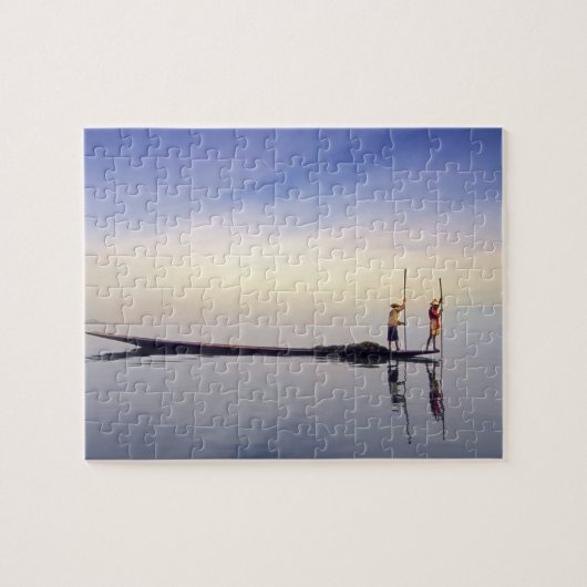 Azië, Birma, (Myanmar) Vissersboot weerspiegeld op Legpuzzel (Horizontaal)