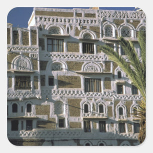Azië, Jemen, Sana'a. Jemenitisch huis. Vierkante Sticker