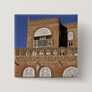 Azië, Jemen, Sana'a. Jemenitische architectuur det Vierkante Button 5,1 Cm