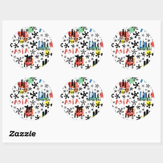 Azië | Symbolen Patroon Ronde Sticker (Vel)