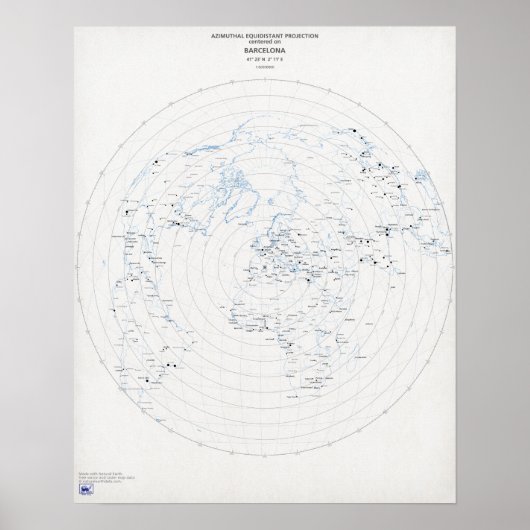 Azimuthal wereldkaart Barcelona Poster (Voorkant)