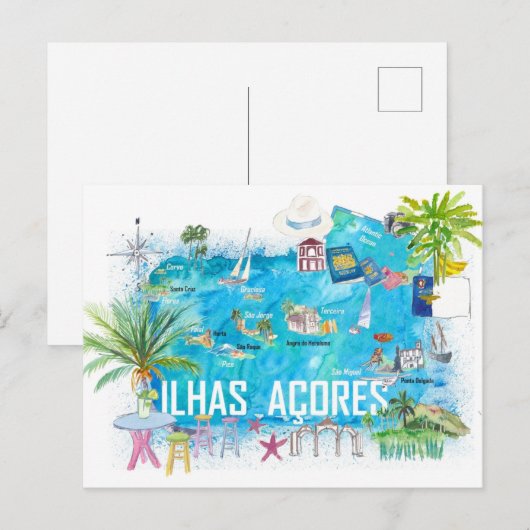 Azoren en Portugal geïllustreerd reisschema Briefkaart (Voorkant / Achterkant)