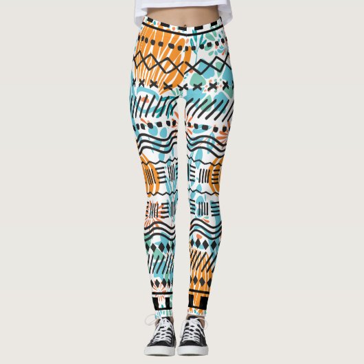 Aztec Abstract Floral CORAL MINT Black Pattern Leggings (Voorkant)