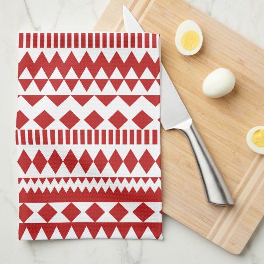 Aztec Andes Red White Tribal Geometric Pattern Theedoek (Quarter Fold)