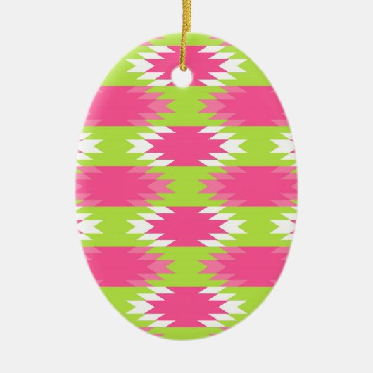 Aztec Andes Tribal Hot Pink Lime Green Patroon Keramisch Ornament (Voorkant)