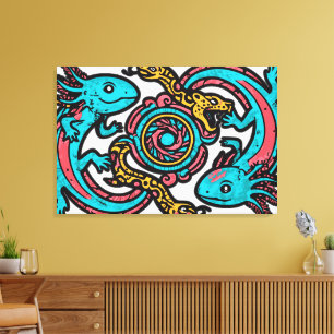 Aztec Axolotl Xolotl goden vechten roze blauw vint Canvas Afdruk